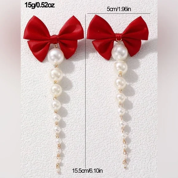 RED BOW PEARL DROP FASHION EARRINGS - Picture 3 of 7